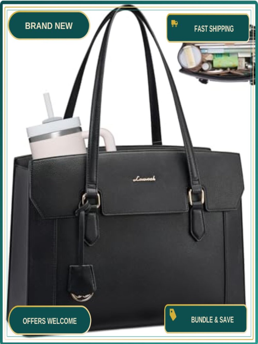 LOVEVOOK Laptop Tote Bag PU Leather Briefcase Fits 15.6 Inch Laptop with Cup